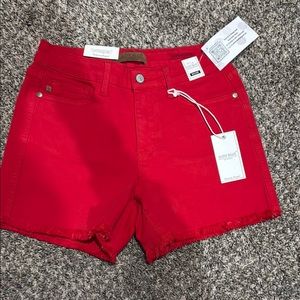 Judy Blue Red Jean Shorts with Frayed Hem